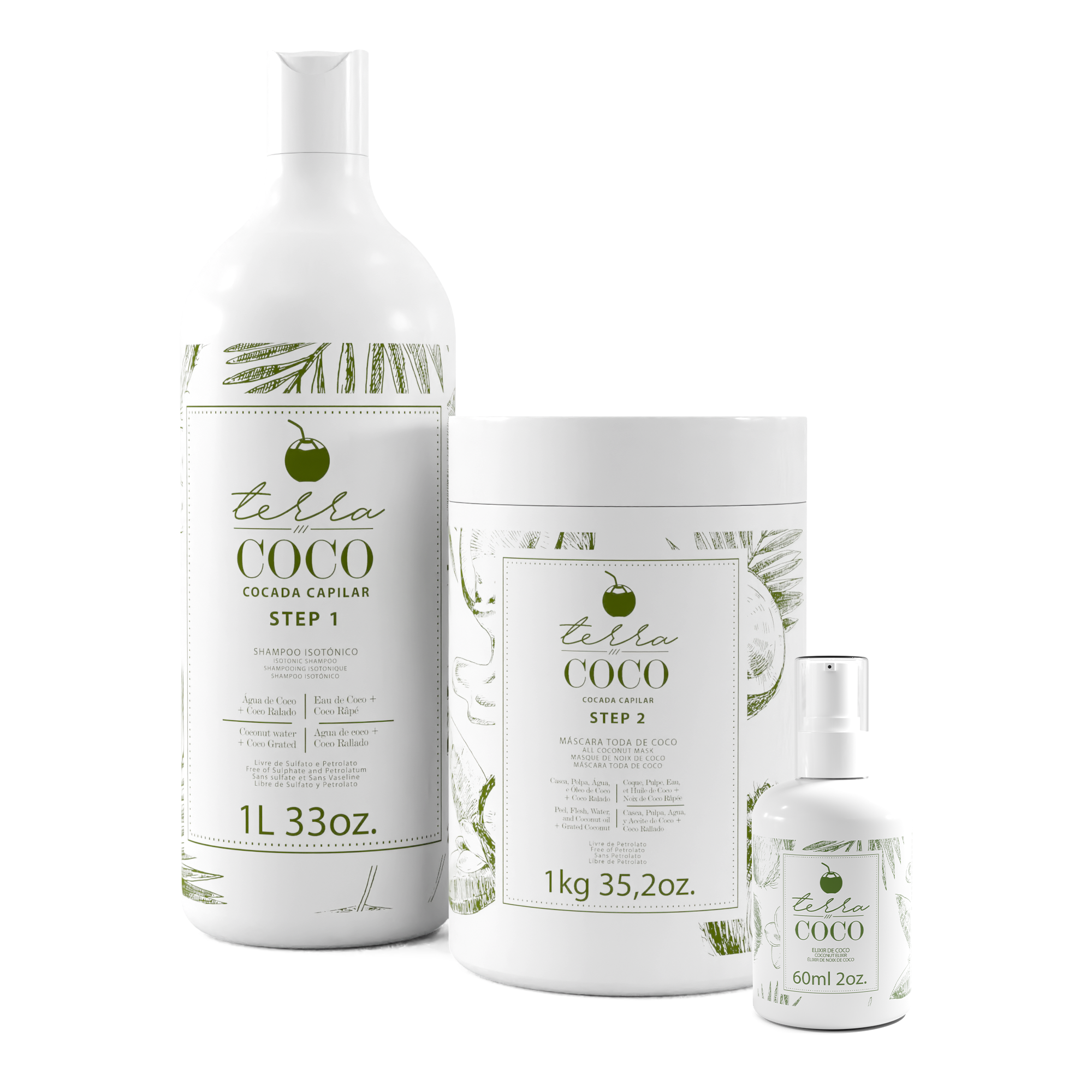 Kit TERRA COCO Isotonic Shampoo + Coconut-Based Mask 1kg / 33oz + Coconut Elixir 60ml / 2oz